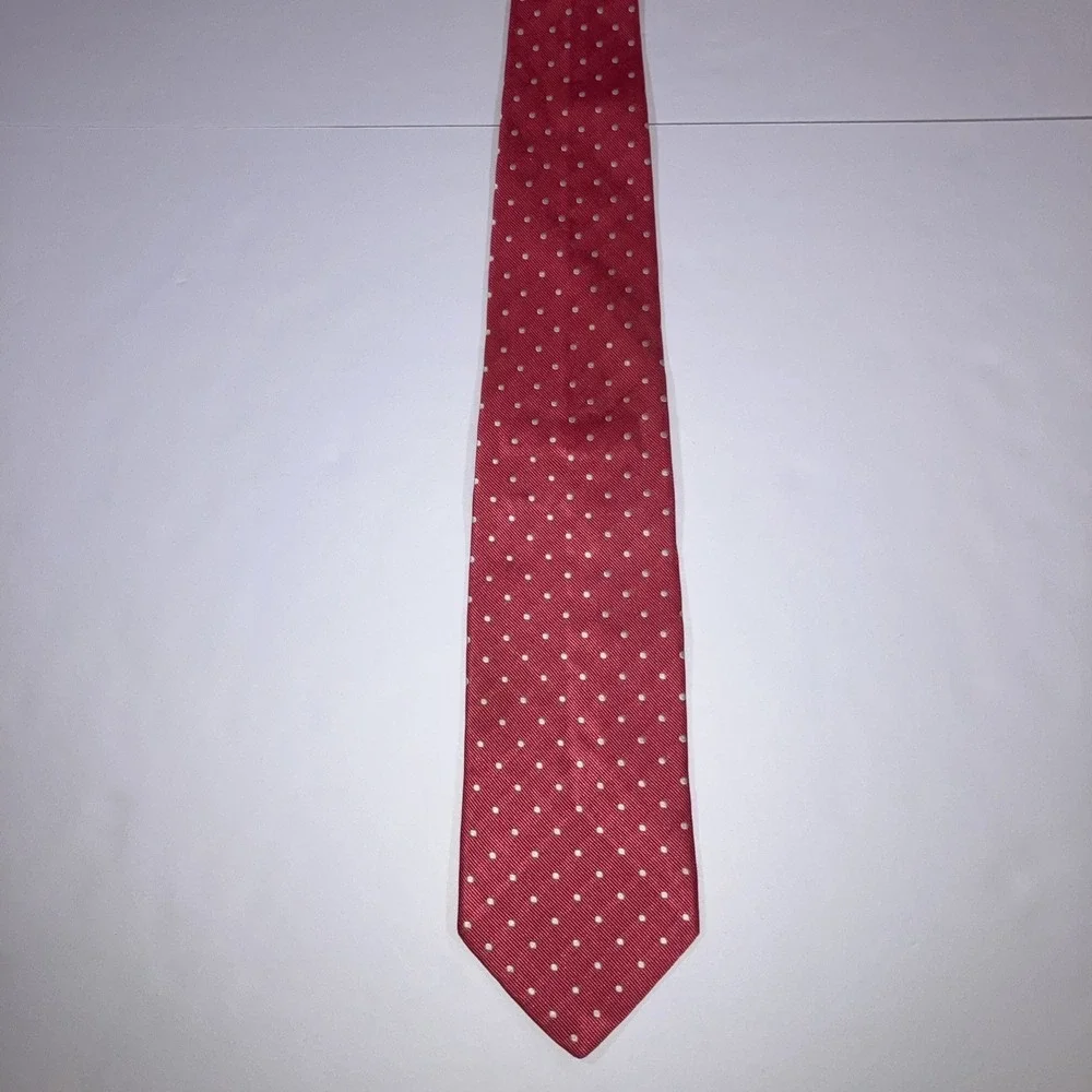 Jos A‎ Bank Silk Repp Tie Pink White Polka Dot Classic Made in Italy 60.5x3.75